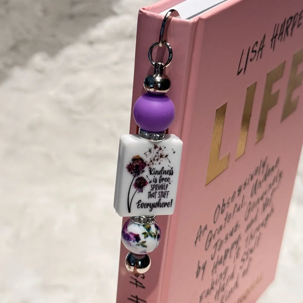Purple & White Beaded Bookmark “Kindness is free Sprinkle that stuff Everywhere”